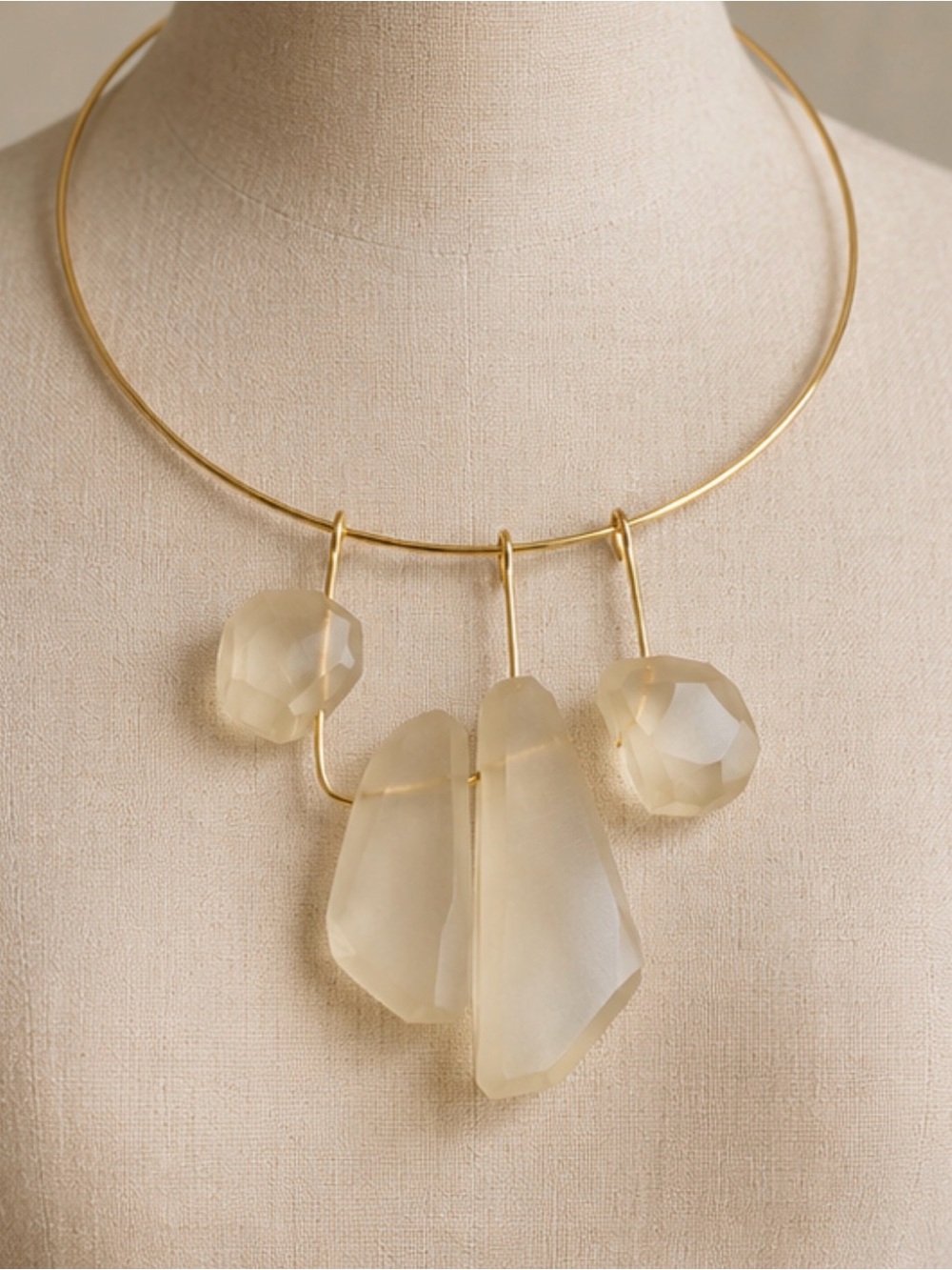 Gold Choker Necklace with Cream Gemstone Pendants